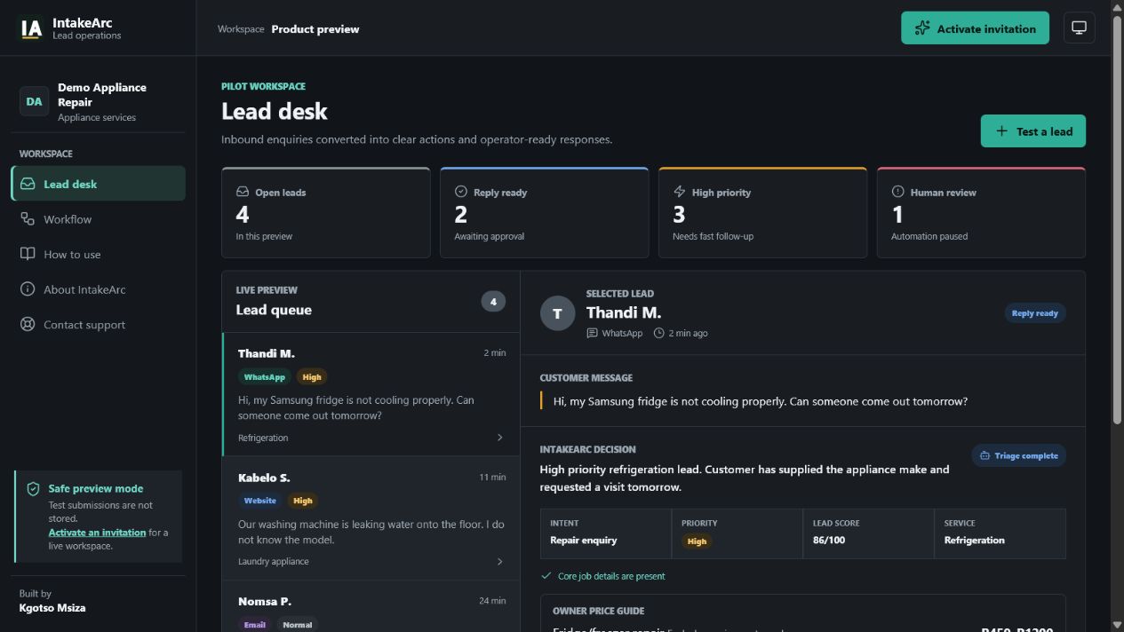 IntakeArc lead desk showing triaged appliance repair enquiries and a suggested customer response