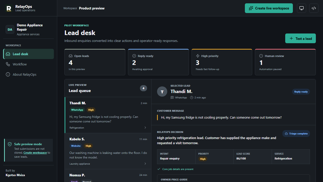 RelayOps lead desk showing triaged appliance repair enquiries and a suggested customer response