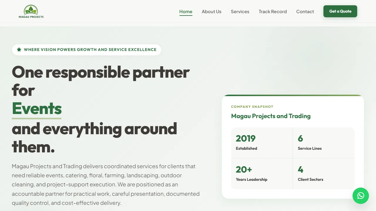 The Magau Projects and Trading home page, showing an events headline and a company snapshot panel