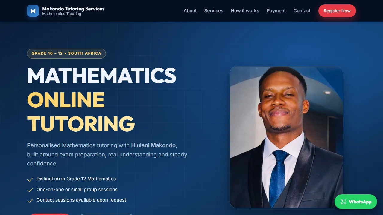 The Makondo Tutoring Services home page, showing the tutor and a Grade 10 to 12 mathematics headline